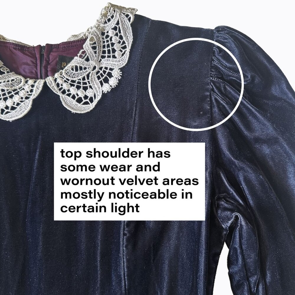 Vintage Navy Velvet Dress 6 Lace Collar Whimsigoth Goth Victorian Dark Romance - Picture 6 of 12